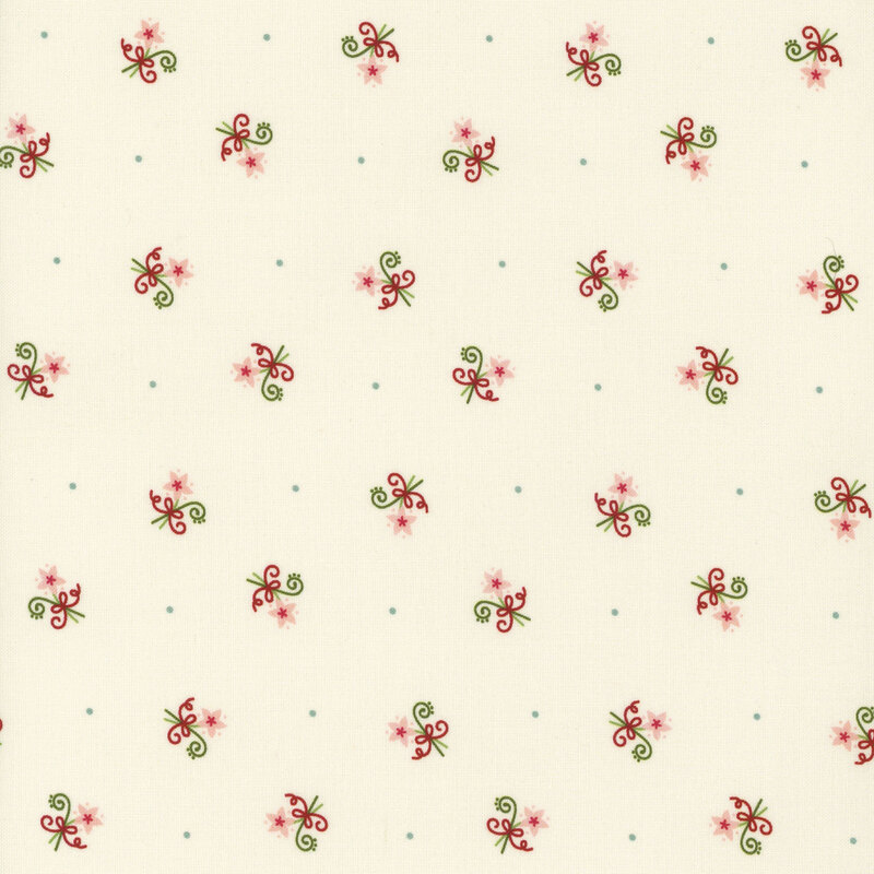 Cream fabric adorned with a stylized floral pattern of swirling vines and red ribbons.