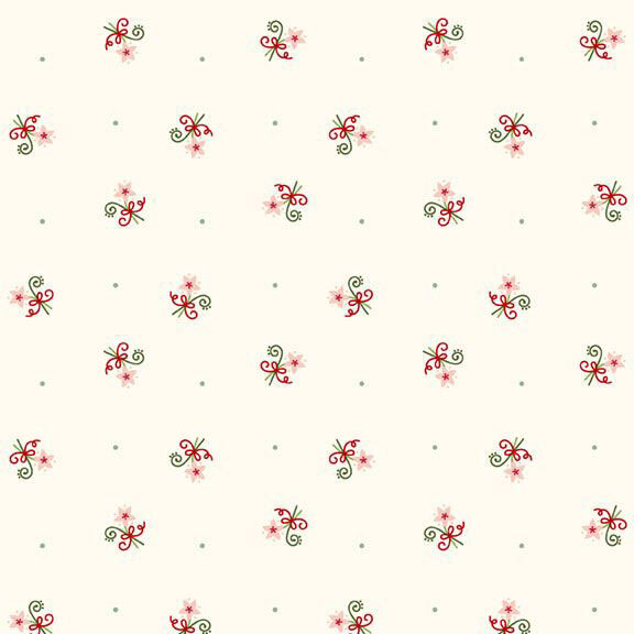Cream fabric adorned with a stylized floral pattern of swirling vines and red ribbons.