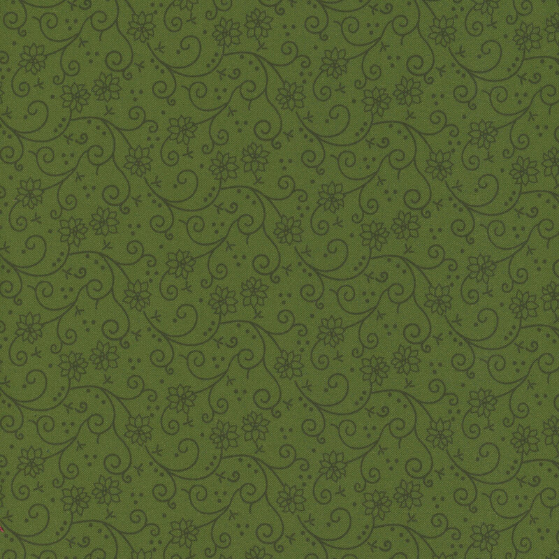 Dark sage fabric adorned with a stylized pattern of swirling vines and flowers.