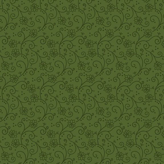 Dark sage fabric adorned with a stylized pattern of swirling vines and flowers.