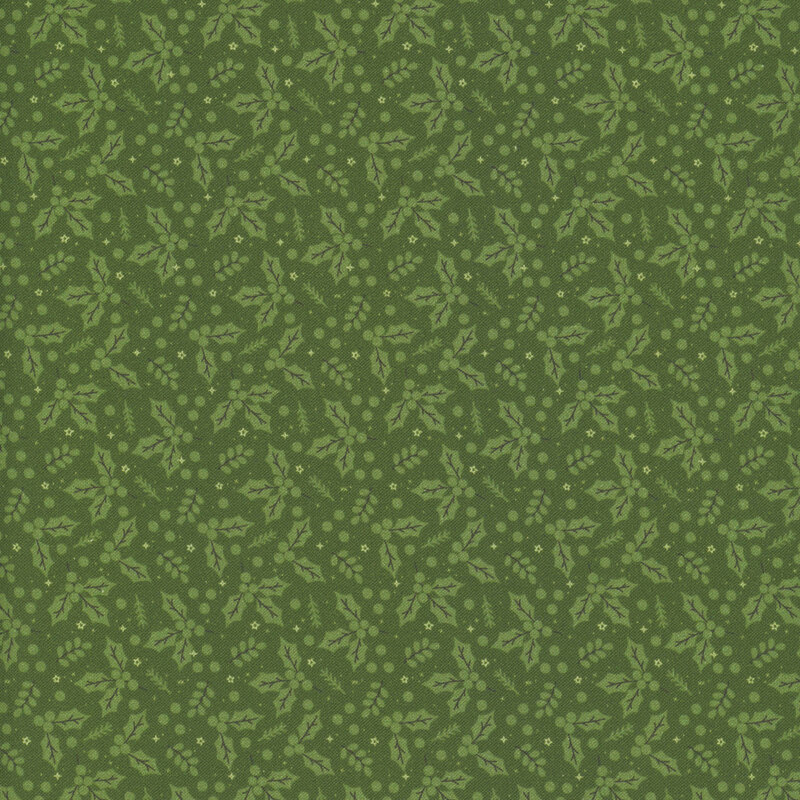 Green fabric adorned with a dense pattern of holly leaves and tiny stars.