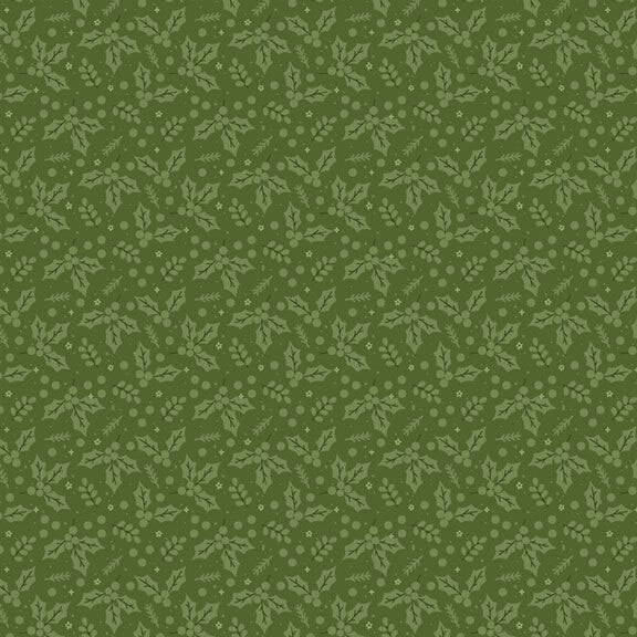 Green fabric adorned with a dense pattern of holly leaves and tiny stars.