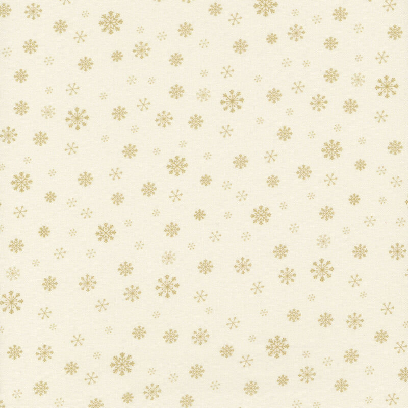 Cream fabric with a delicate pattern of varying snowflake sizes.