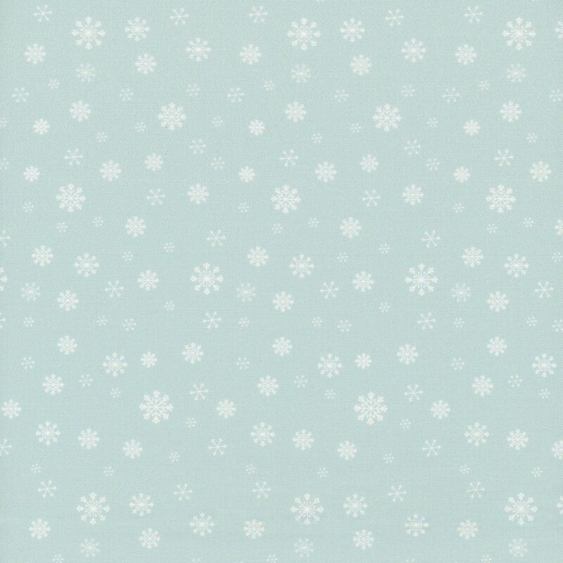 Ice blue fabric with a delicate pattern of varying snowflake sizes.
