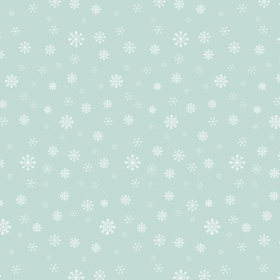 Ice blue fabric with a delicate pattern of varying snowflake sizes.