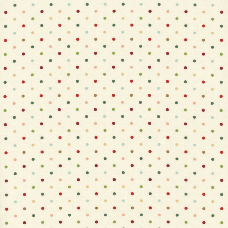 Cream fabric with a multicolored polka dot pattern.