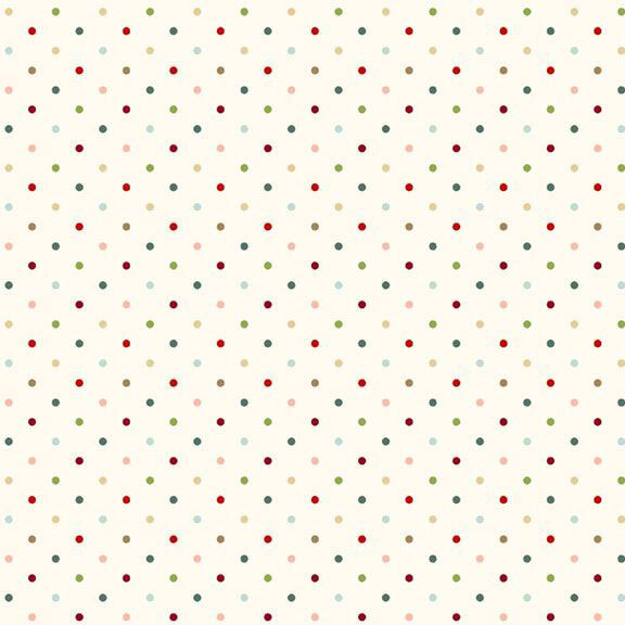Cream fabric with a multicolored polka dot pattern.