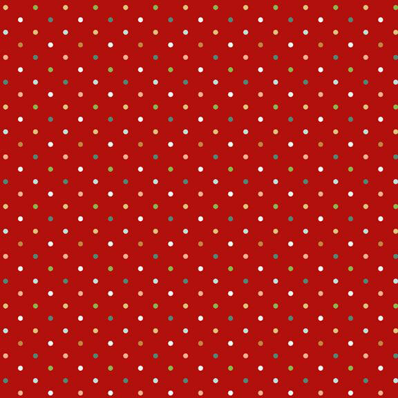 Red fabric with a polka dot pattern.