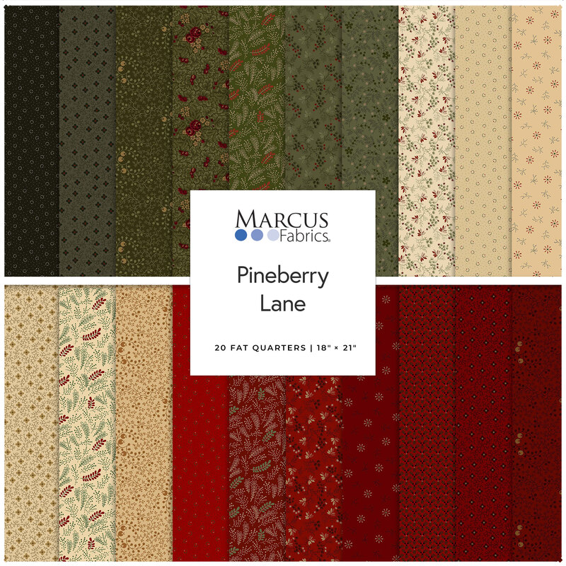 Collage of fabrics in the collection featuring primitive patterns in pine green, cranberry red, and beige