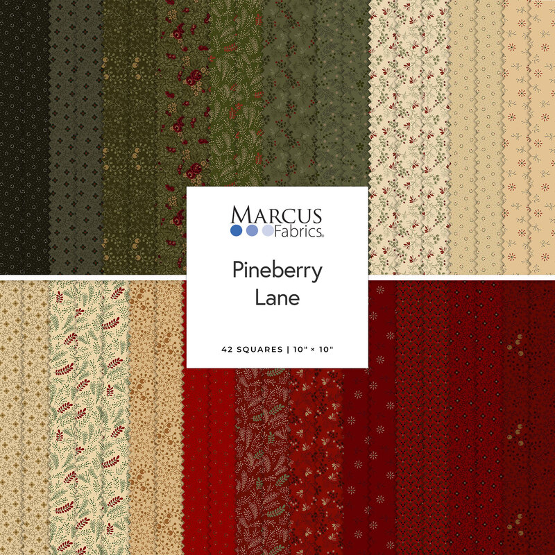 Collage of fabrics in the collection featuring primitive patterns in pine green, cranberry red, and beige