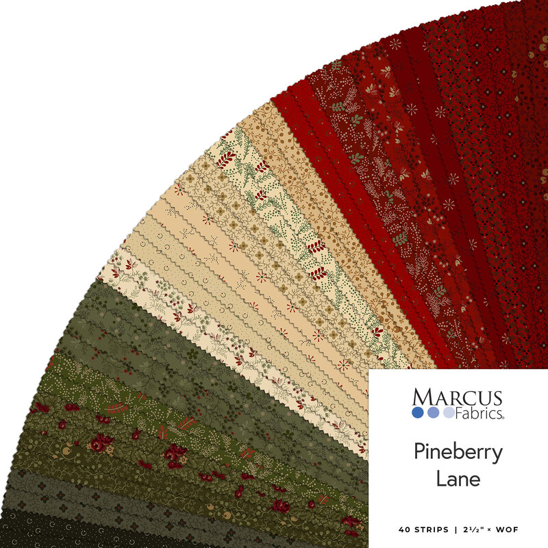 Collage of fabrics in the collection featuring primitive patterns in pine green, cranberry red, and beige