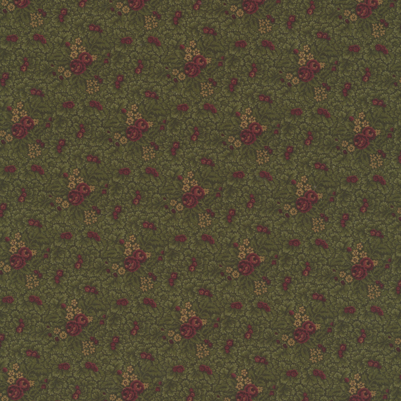 Olive green fabric featuring a dense pattern of scalloped leaves with deep red roses and golden flowers