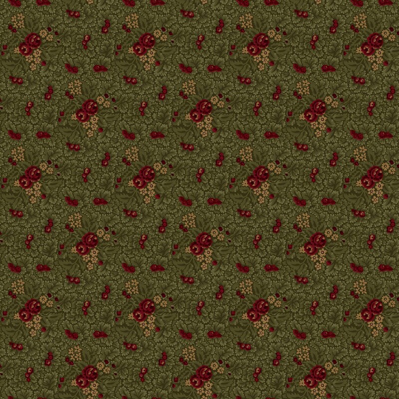 Olive green fabric featuring a dense pattern of scalloped leaves with deep red roses and golden flowers