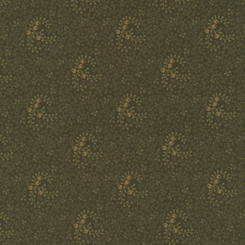 Dark olive fabric with a pattern of muted green and tan vines
