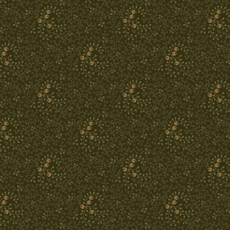 Dark olive fabric with a pattern of muted green and tan vines