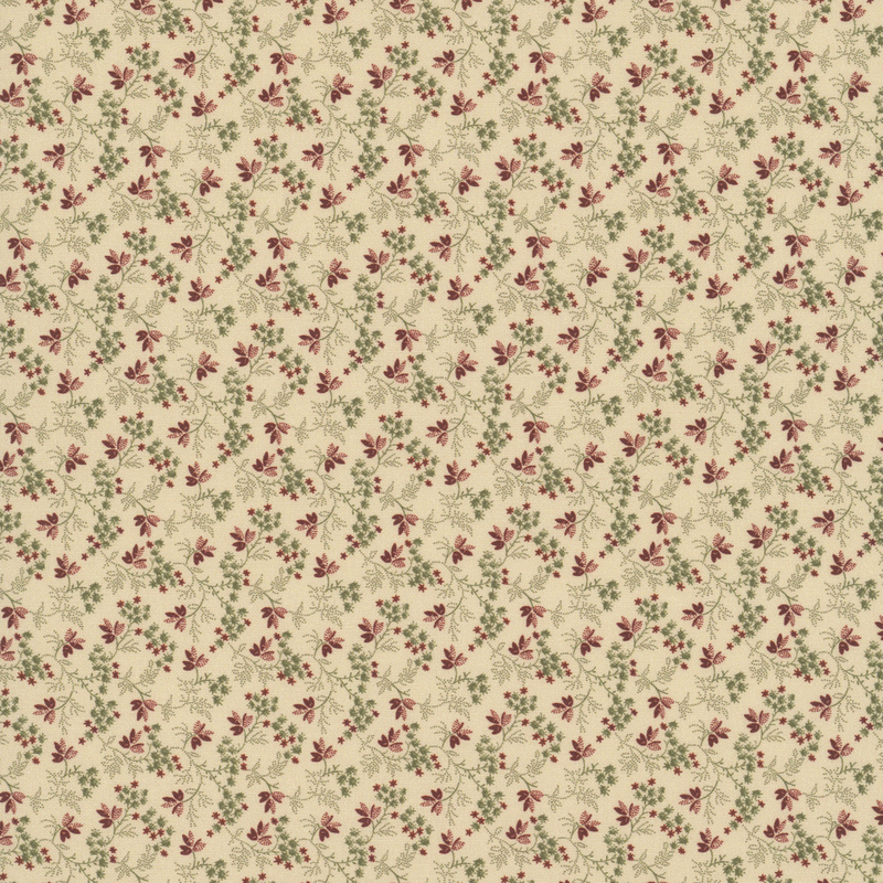 Cream fabric with primitive pattern of deep red florals and muted olive green leaves