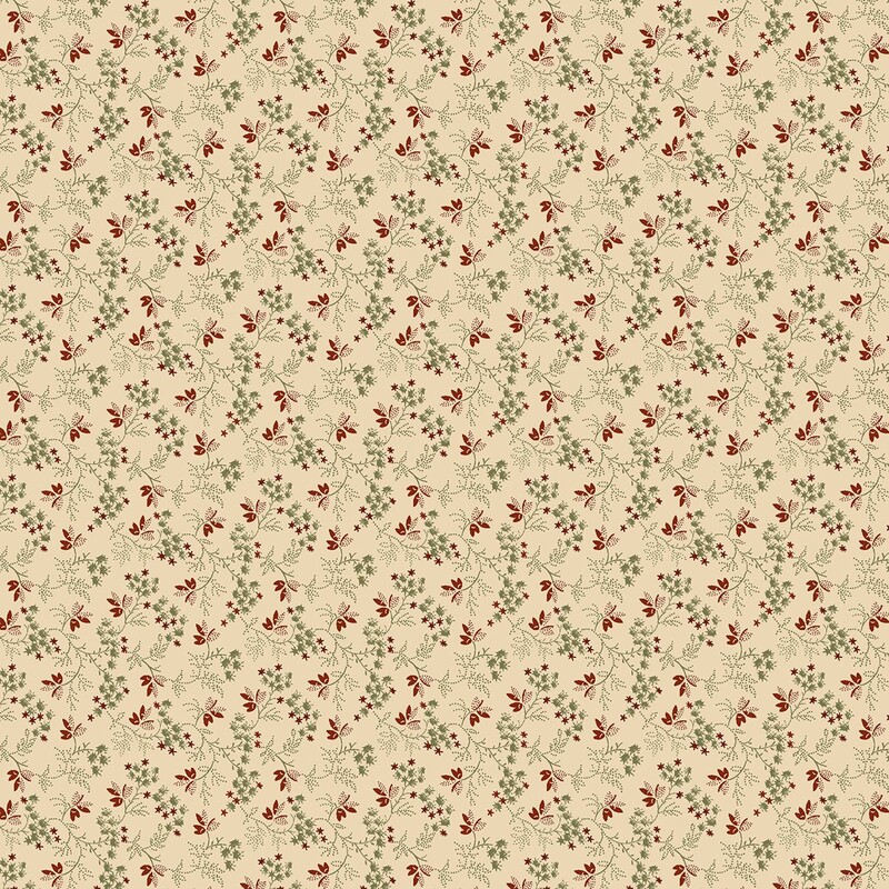 Cream fabric with primitive pattern of deep red florals and muted olive green leaves