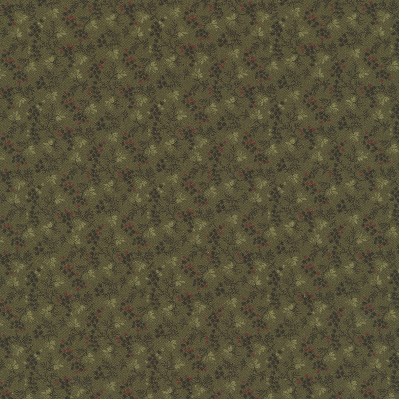 Dark avocado green fabric with primitive pattern of sage florals, and spruce green and red leaves
