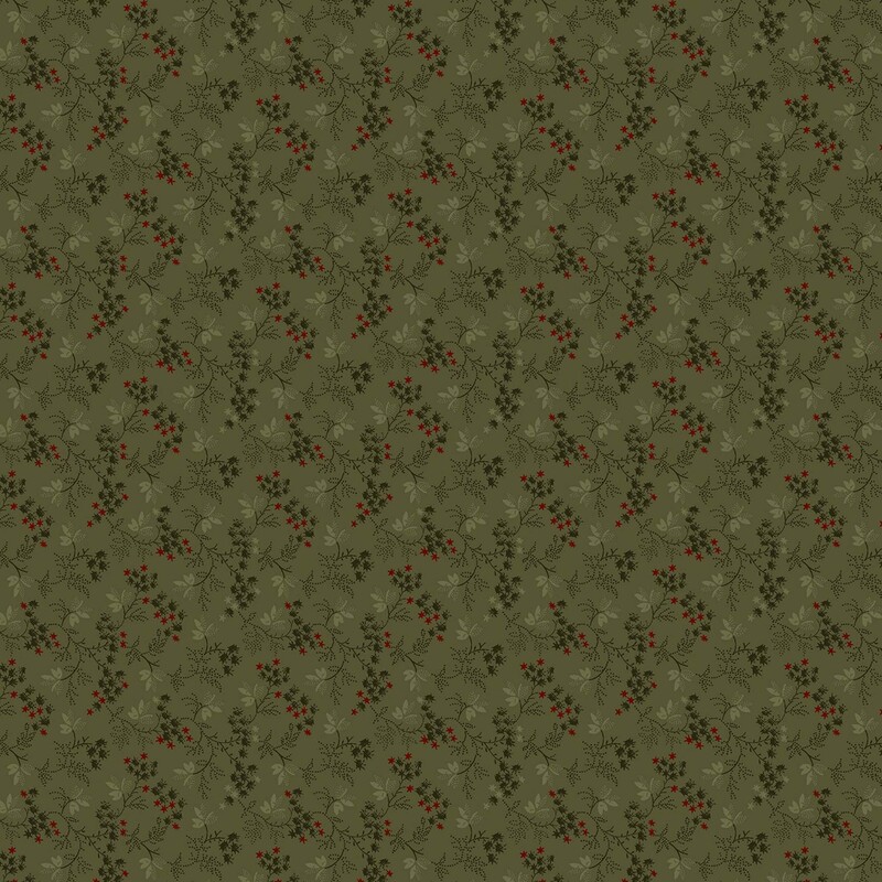 Dark avocado green fabric with primitive pattern of sage florals, and spruce green and red leaves
