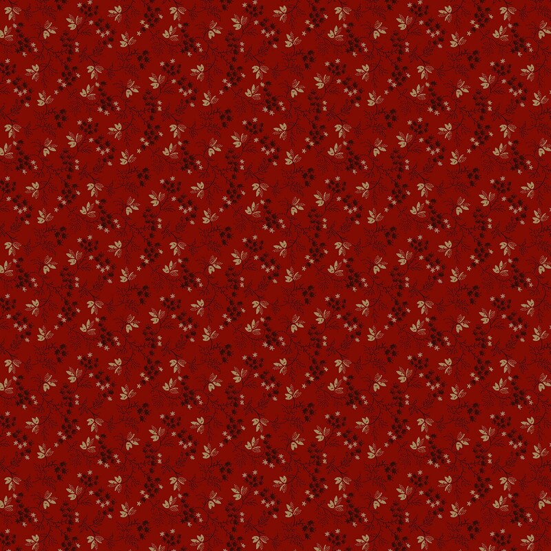 Deep red fabric with primitive pattern of taupe florals and black leaves