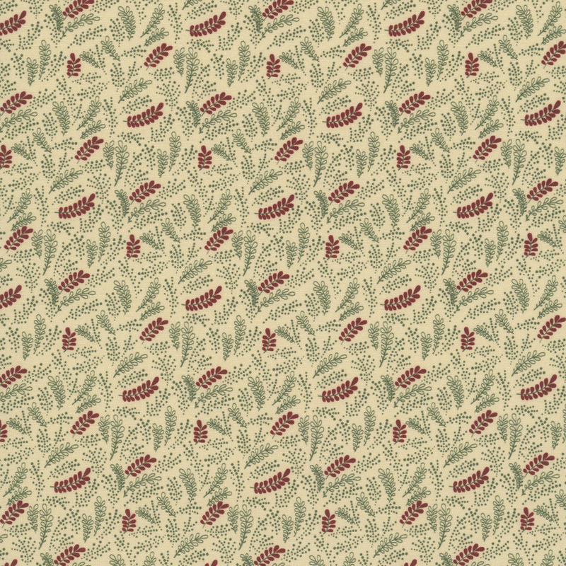 Wheat colored fabric with a pattern of maroon and spruce green ferns and dots
