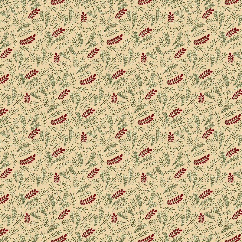 Wheat colored fabric with a pattern of maroon and spruce green ferns and dots