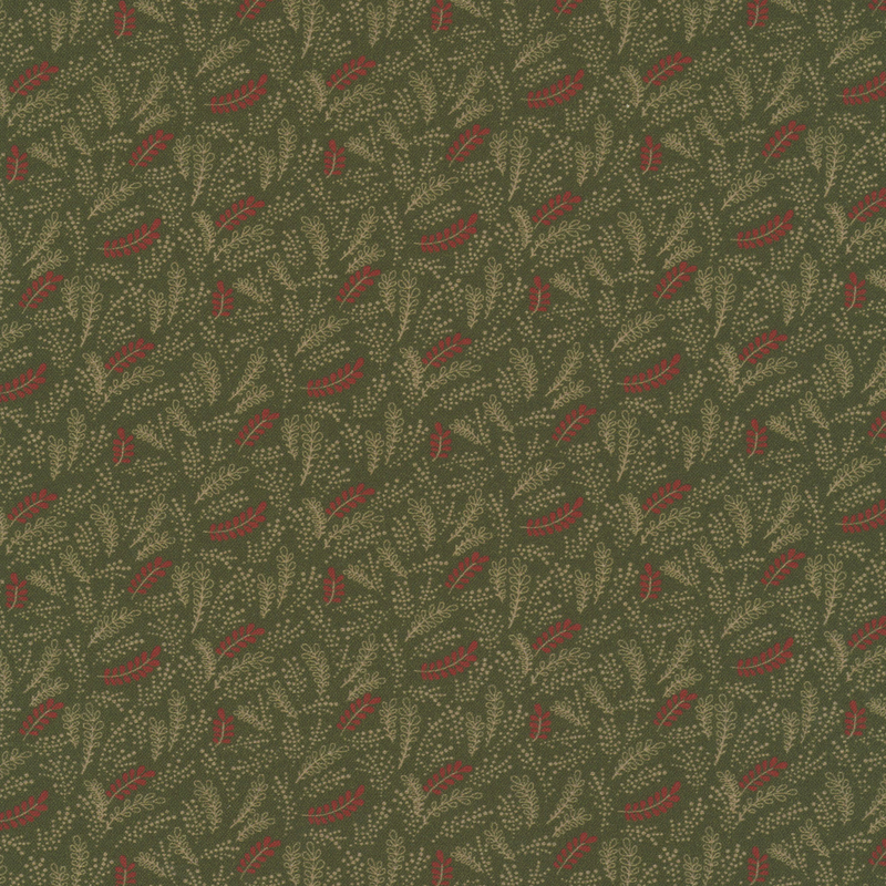 Army green colored fabric with a pattern of beige and brick red ferns and dots