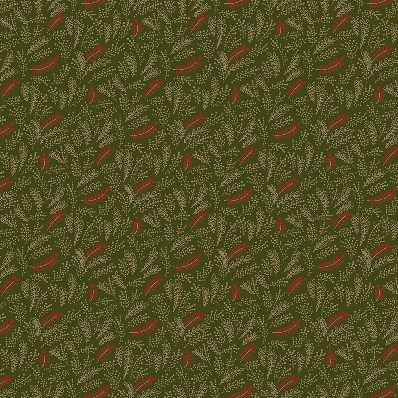 Army green colored fabric with a pattern of beige and brick red ferns and dots