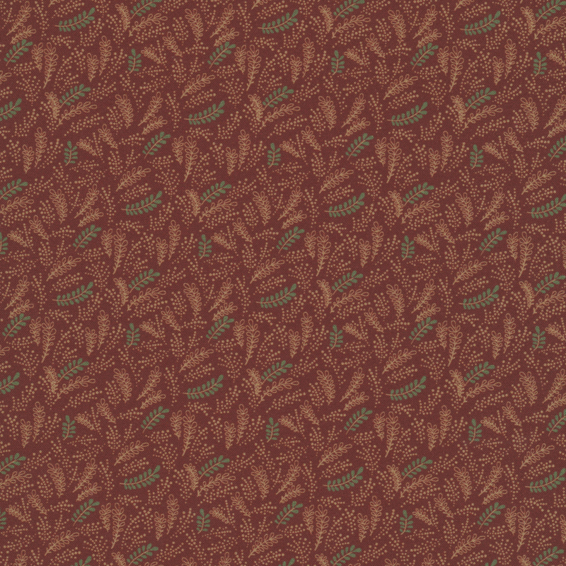 Brick red fabric with a pattern of beige and spruce green ferns and dots