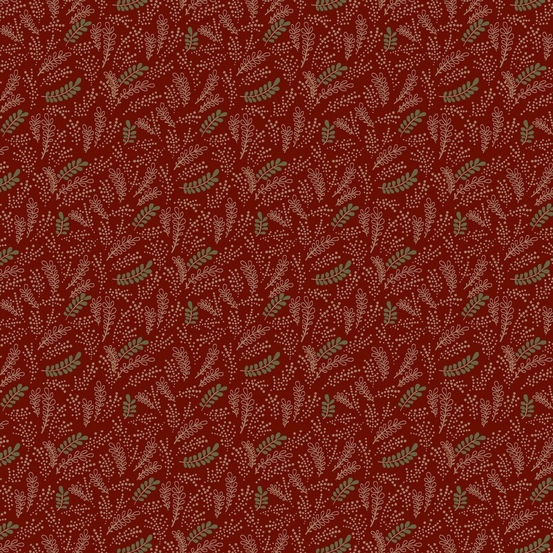 Brick red fabric with a pattern of beige and spruce green ferns and dots