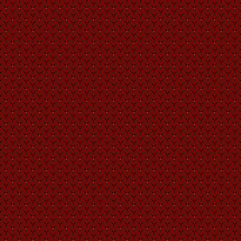 Bright red fabric with a dense primitive pattern of black pine needles and tiny white dots