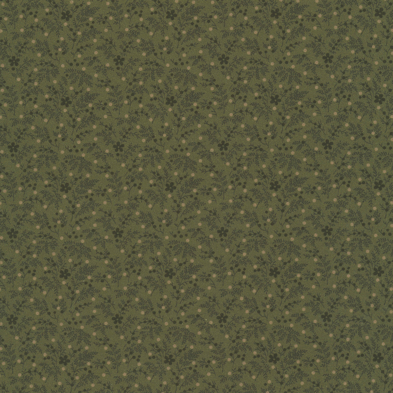 Dark sage green fabric with a pattern of beige dots and pine green flowers and leaves