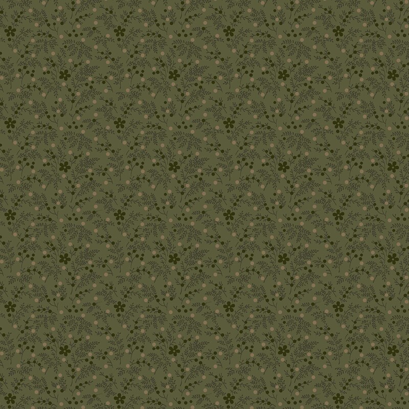 Dark sage green fabric with a pattern of beige dots and pine green flowers and leaves