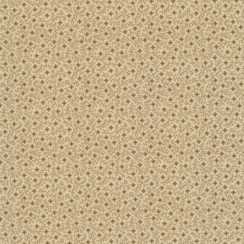 Sand tan fabric with a primitive pattern of brown florals and vines