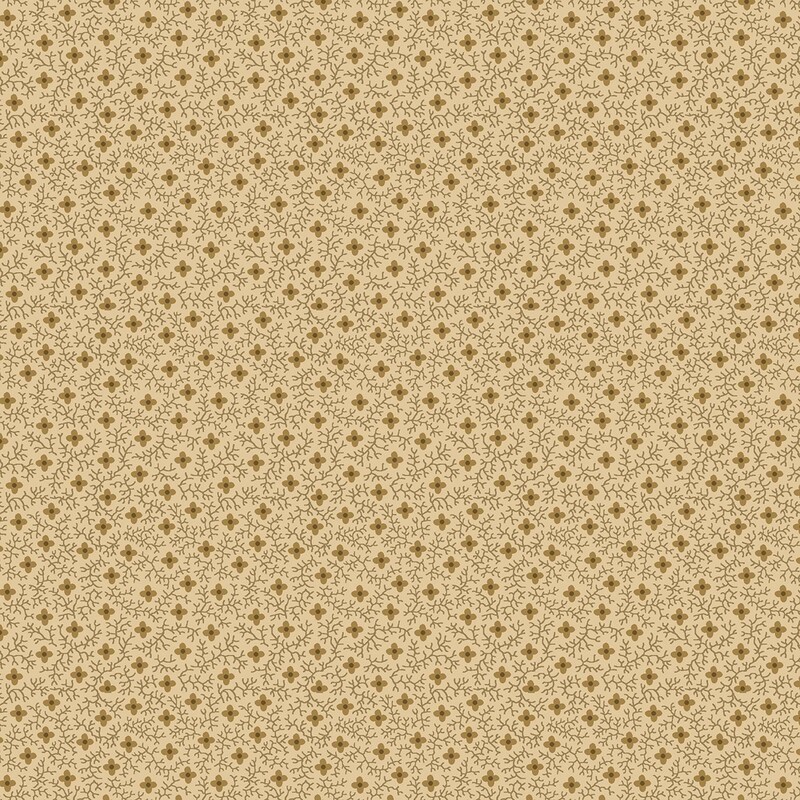 Sand tan fabric with a primitive pattern of brown florals and vines