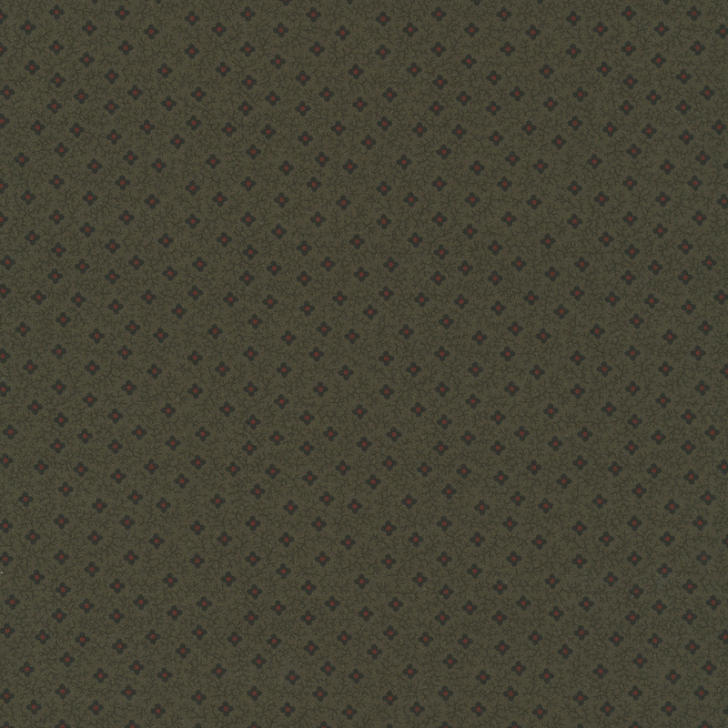 Dark olive fabric with a primitive pattern of black and red florals and black vines