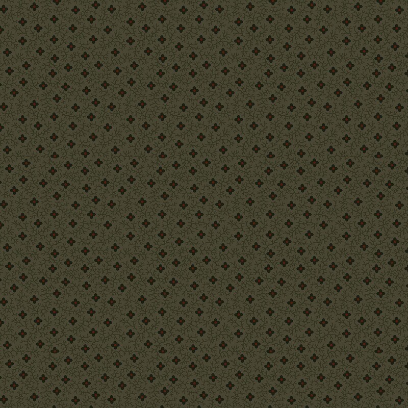 Dark olive fabric with a primitive pattern of black and red florals and black vines