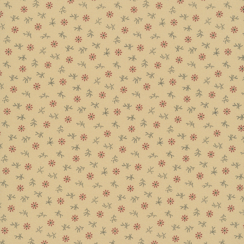 Buff beige fabric with red geometric snowflakes and black dots