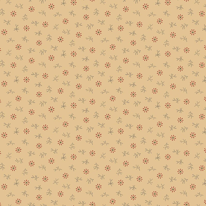 Buff beige fabric with red geometric snowflakes and black dots