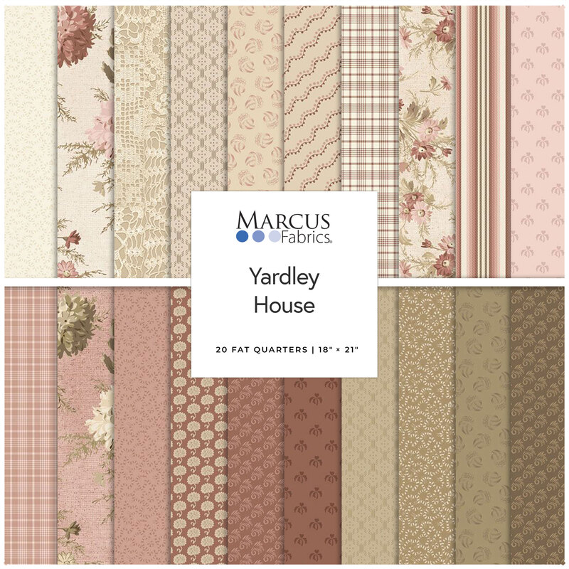 A collage of fabric patterns in pink and beige with a central label for Yardley House by Marcus Fabrics.