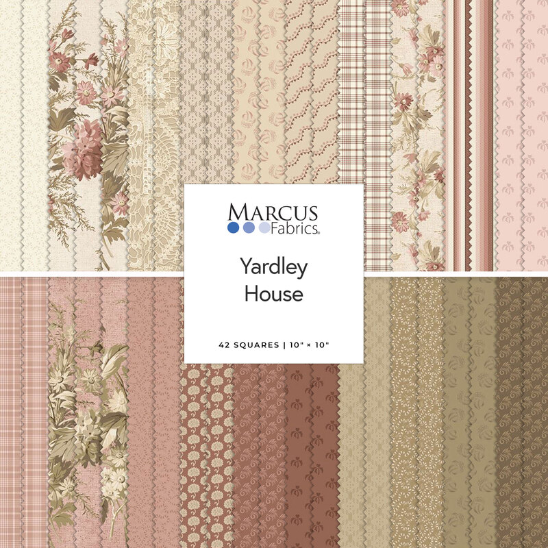 A collection of 10x10 fabric squares in pastel tones with floral and geometric patterns, labeled Yardley House.