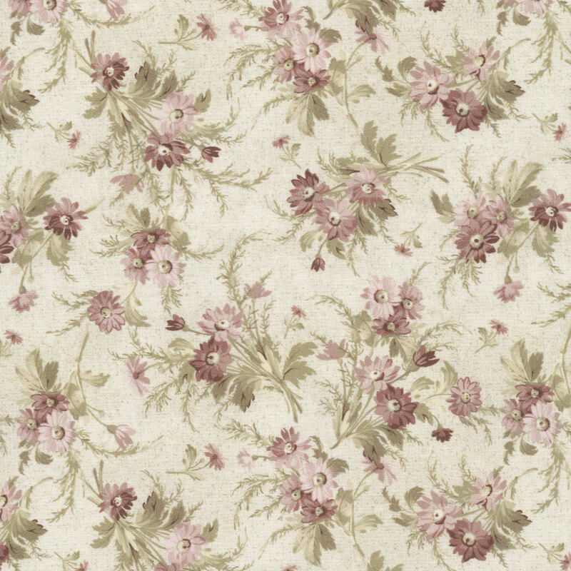 Beige fabric with a textured background adorned with delicate floral bouquets.