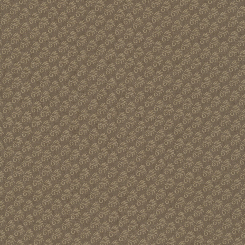 Earth brown fabric with an abstract, primitive pattern of evenly spaced tonal motifs.