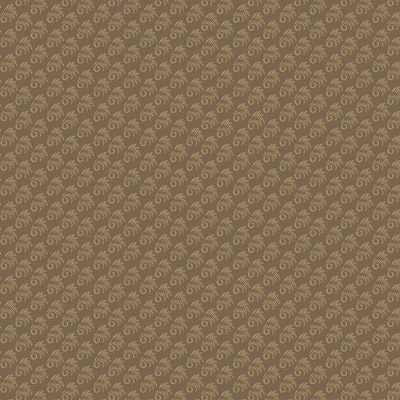 Earth brown fabric with an abstract, primitive pattern of evenly spaced tonal motifs.