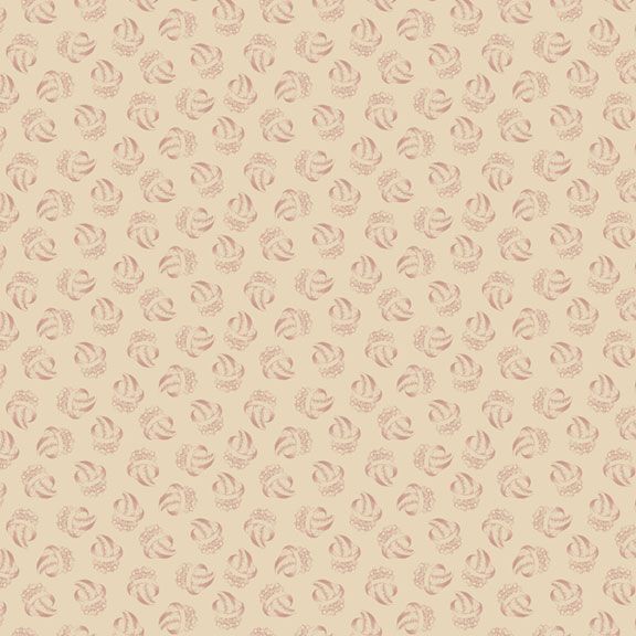 Tan fabric with a pattern of abstract rose-colored motifs.