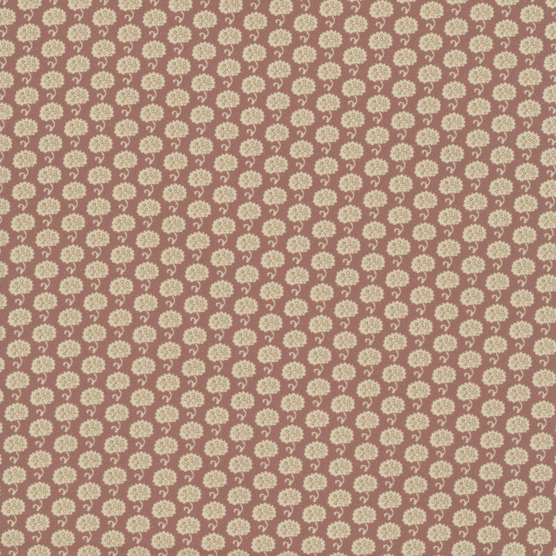 Dark rose fabric with a dense, repeating pattern of stylized tan floral bouquets.