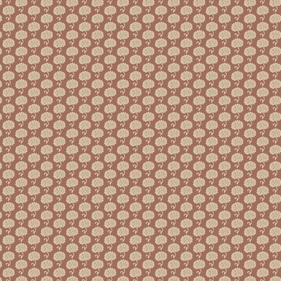 Dark rose fabric with a dense, repeating pattern of stylized tan floral bouquets.