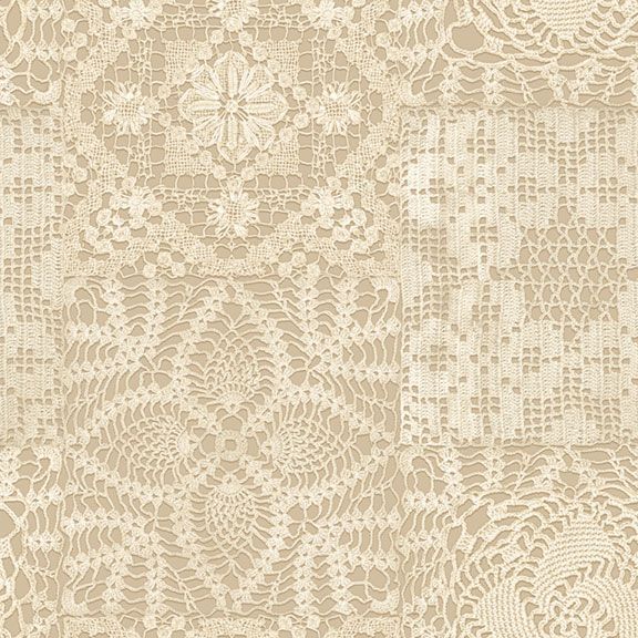 Tan fabric with a printed ornamental crocheted lace pattern.