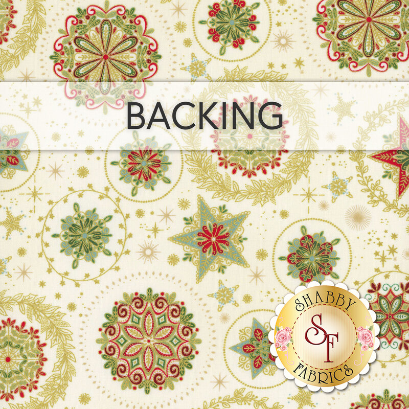 A swatch of cream fabric adorned with metallic-trimmed ornamental stars. A banner reads "Backing" and a golden Shabby Fabrics logo sits in the bottom right corner.