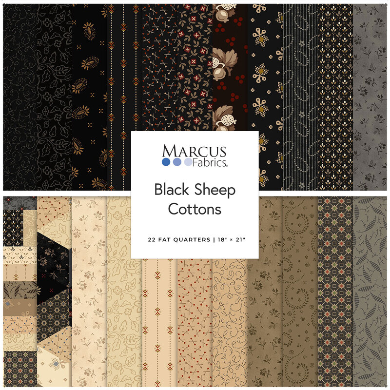 Collage of fabrics in the collection in neutrals, black, gray, tan, and cream, featuring primitive patterns